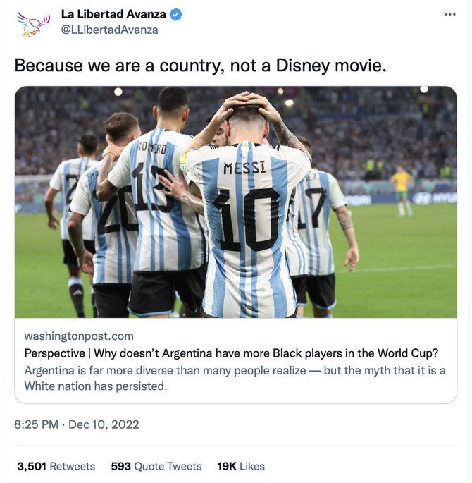 Screenshot from Twitter/An answer to a rhetorical question about black Argentine soccer players was not provided by the national team, but by a right-wing political force