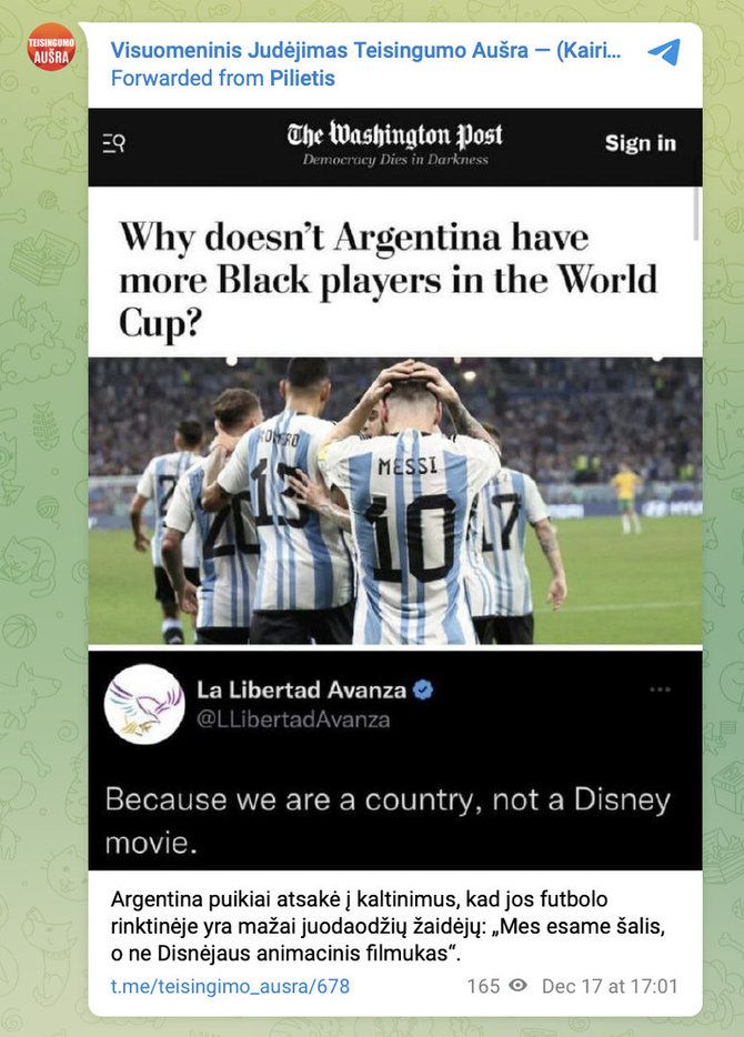 Screenshot from Telegram/An answer to a rhetorical question about black Argentine football players was not provided by the national team, but by a right-wing political force